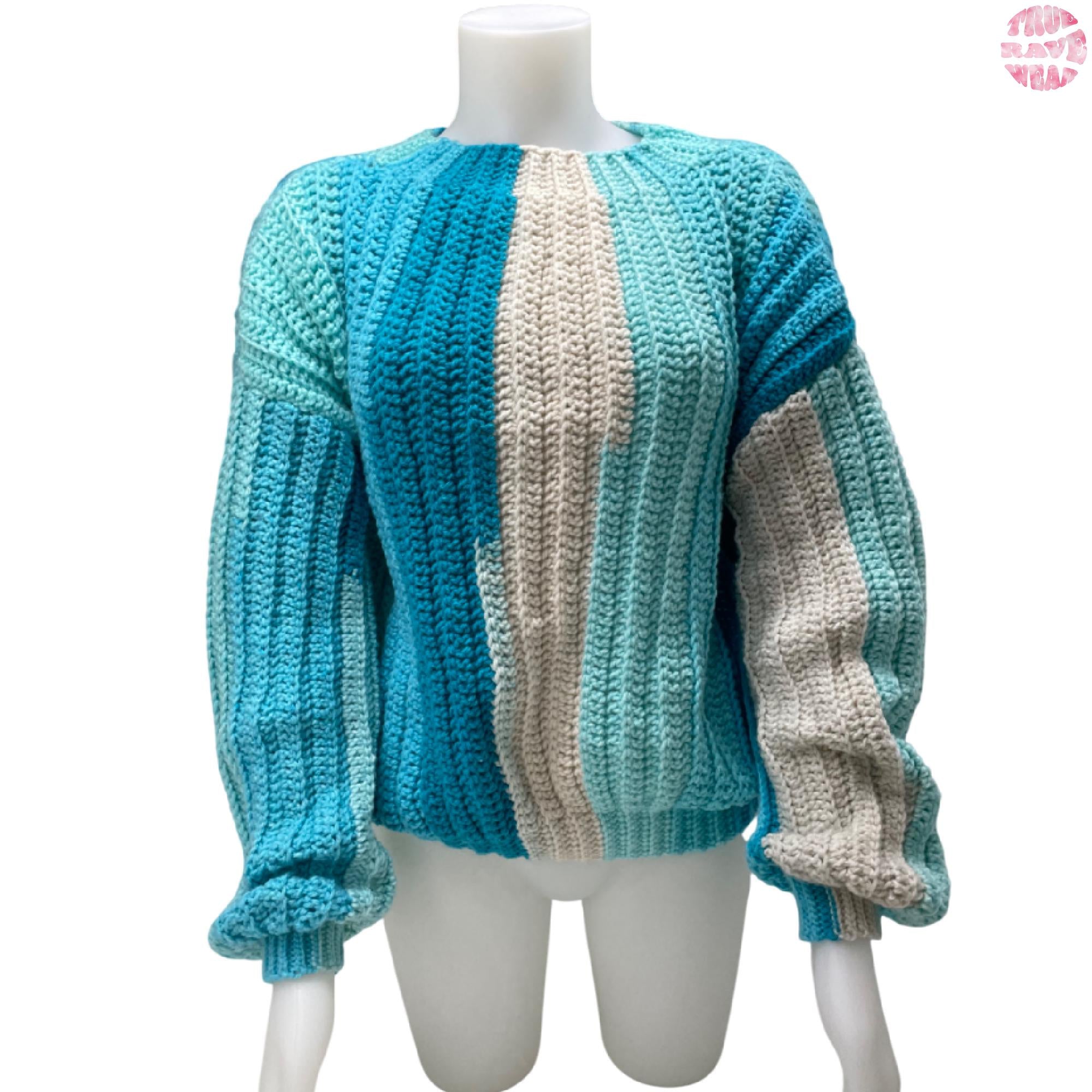 Oversized Crochet  Blue Striped Ribbed Sweater - Size Large