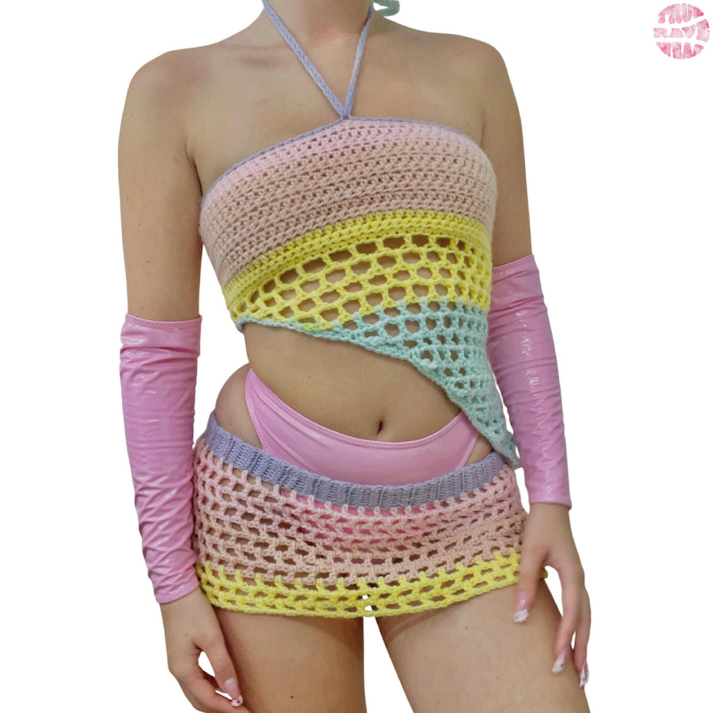Crochet Pastel Ombre Mesh Rave Set - S/M