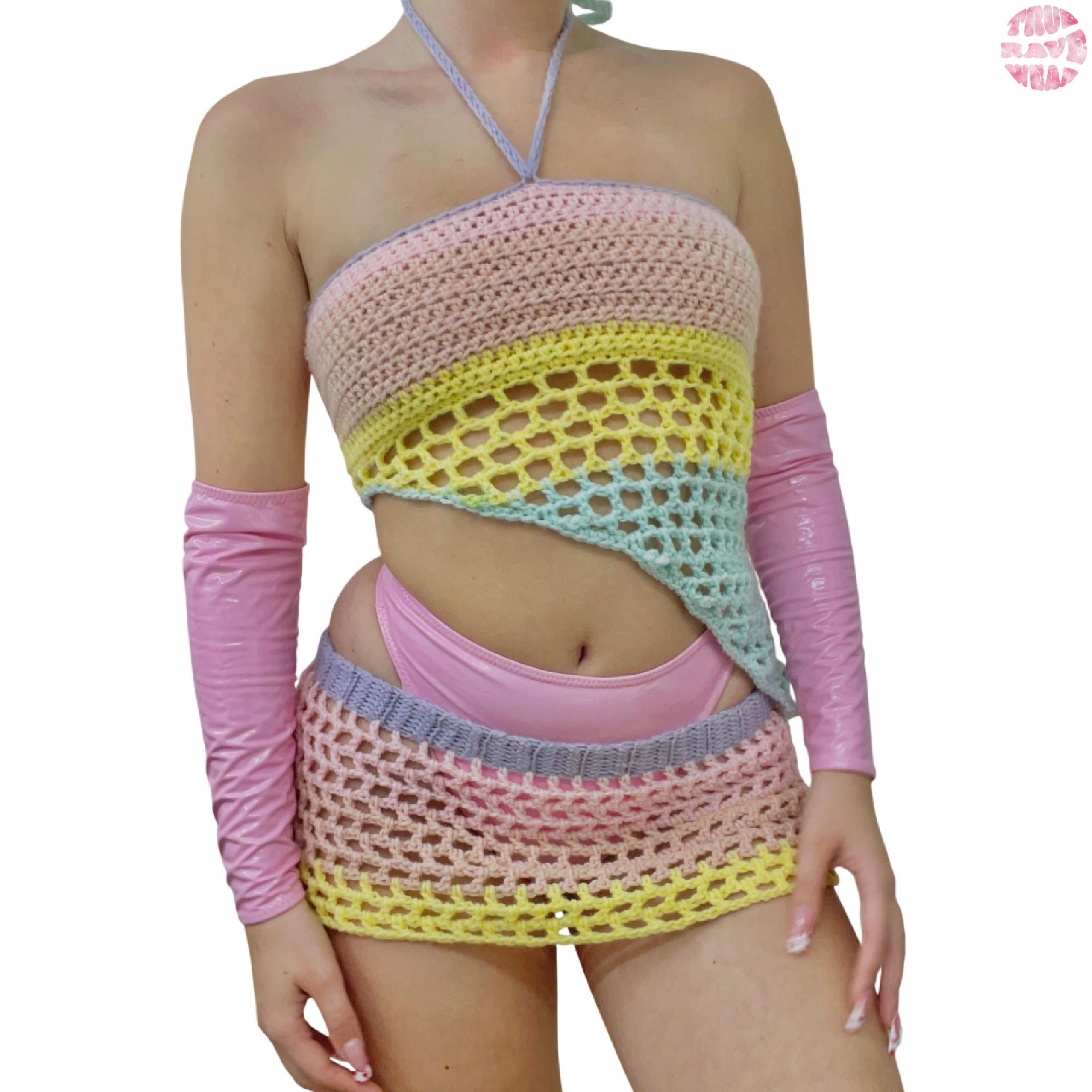 Crochet Pastel Ombre Mesh Rave Set - S/M