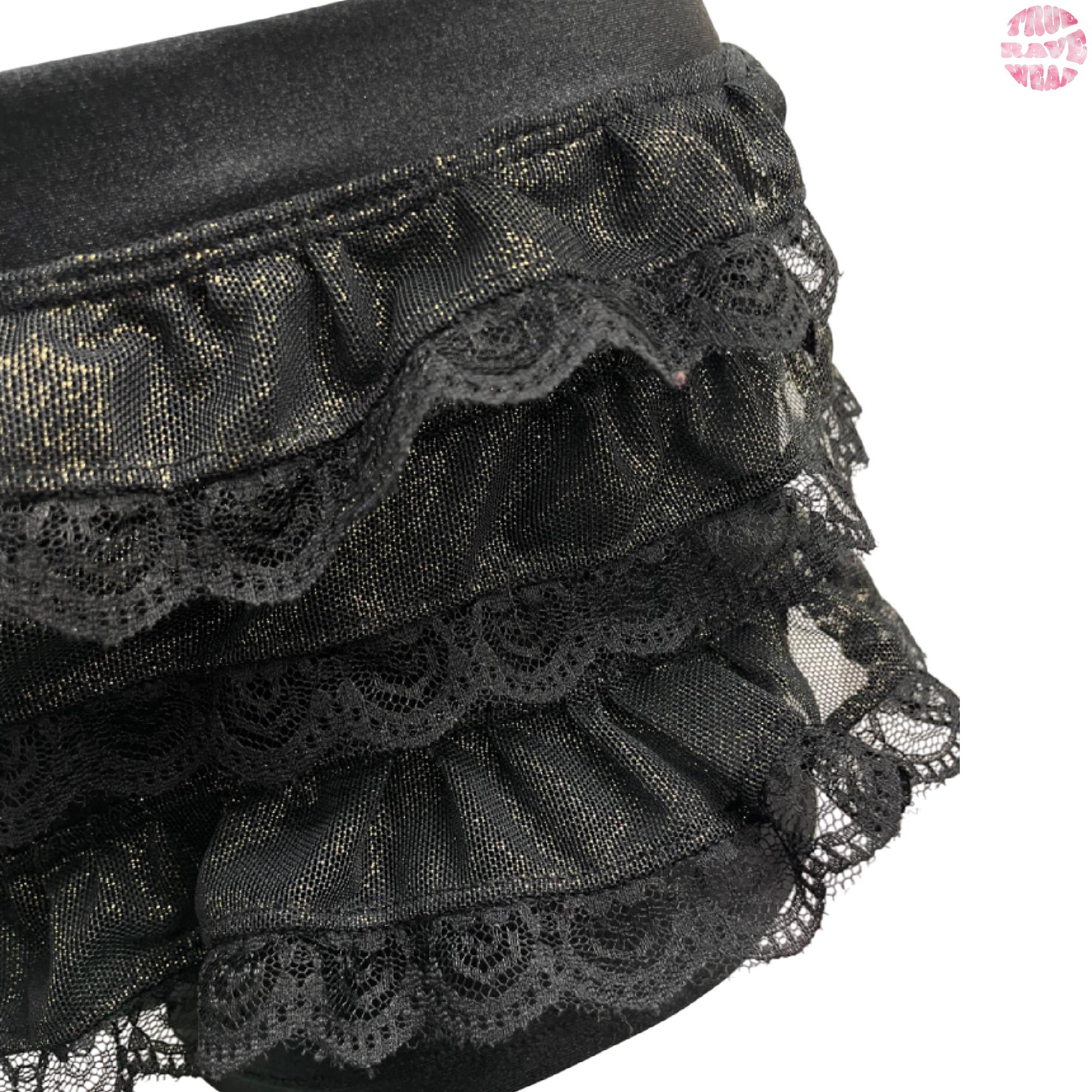 Shimmery Gold Rave Set - Ruffle Micro Shorts & Black Mesh Flowy Top