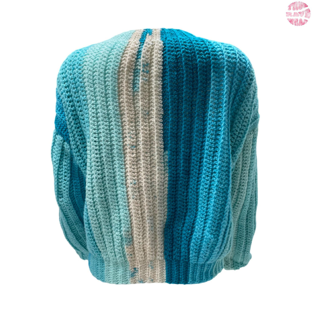Oversized Crochet  Blue Striped Ribbed Sweater - Size Large