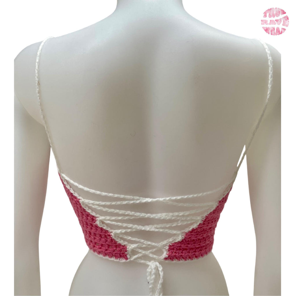 Crochet Hot Pink Backless Lace Up Top