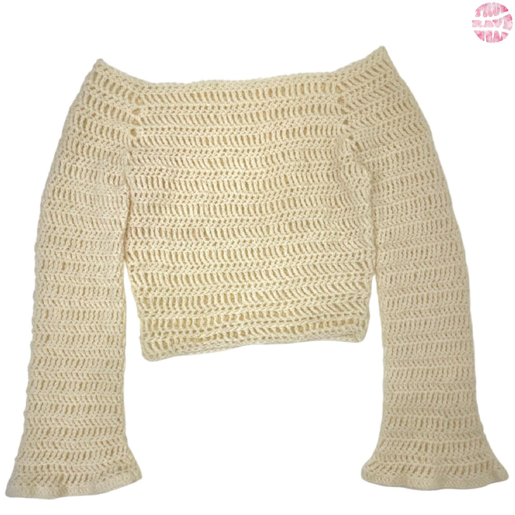 Crochet Long Sleeve Off The Shoulder Top - S/M