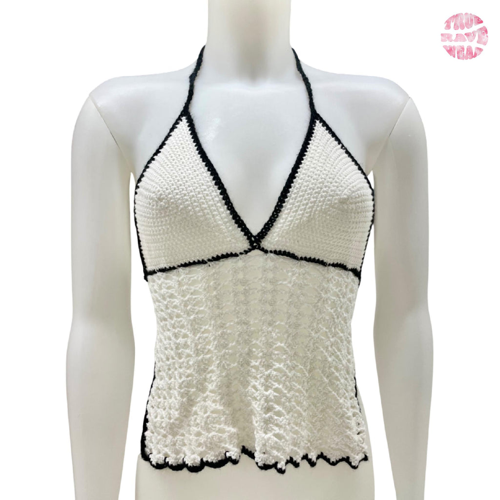 Crochet Halter Top: Black & White Lacy Scallop Trim