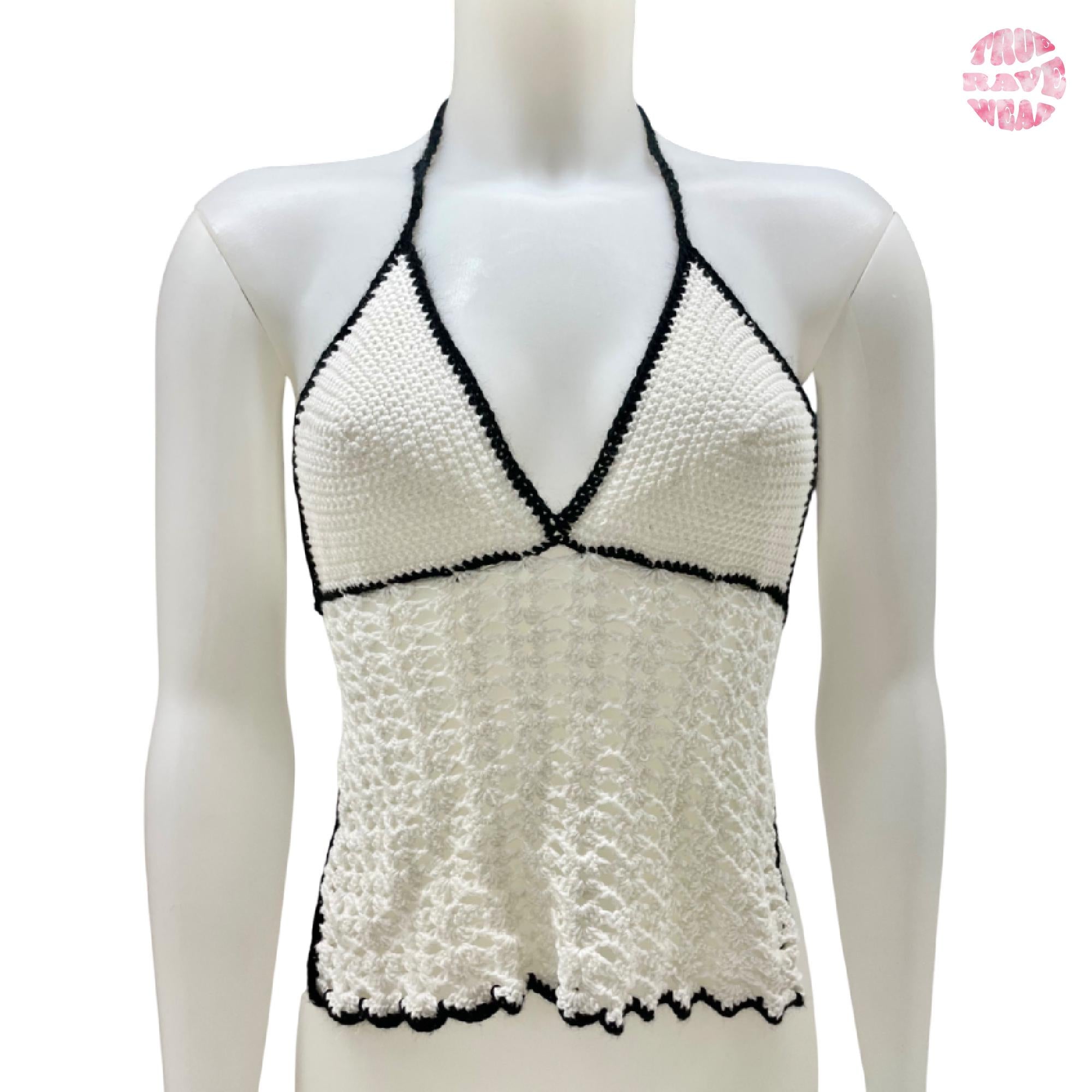 Crochet Halter Top: Black & White Lacy Scallop Trim