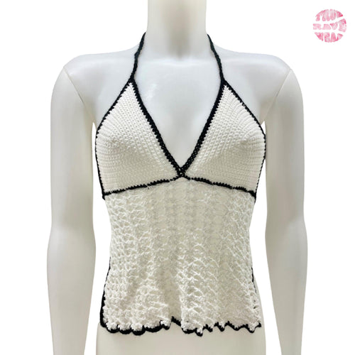 Crochet Halter Top: Black & White Lacy Scallop Trim