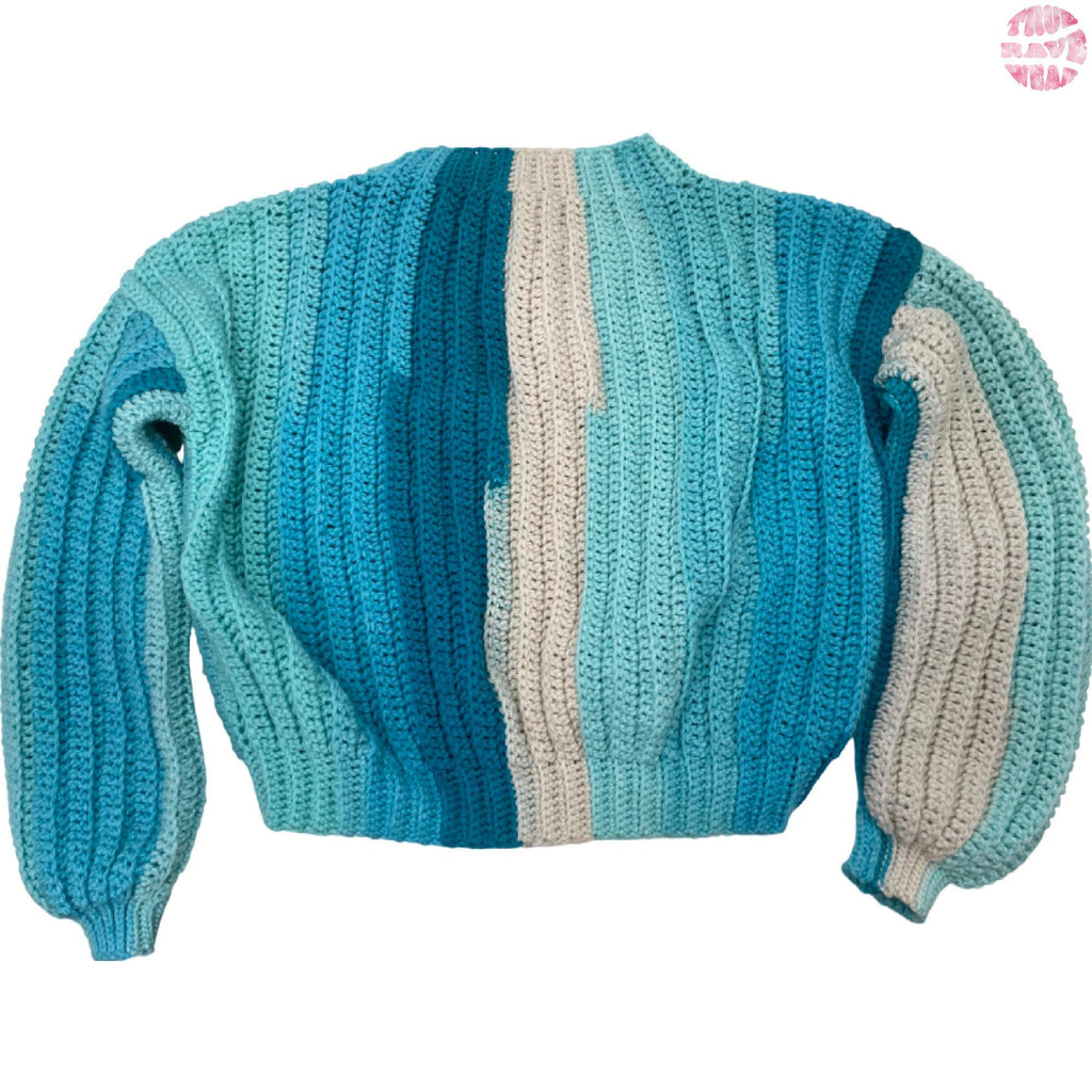 Oversized Crochet  Blue Striped Ribbed Sweater - Size Large