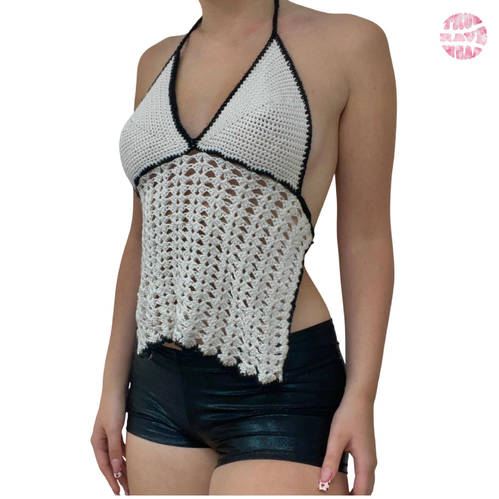 Crochet Halter Top: Black & White Lacy Scallop Trim