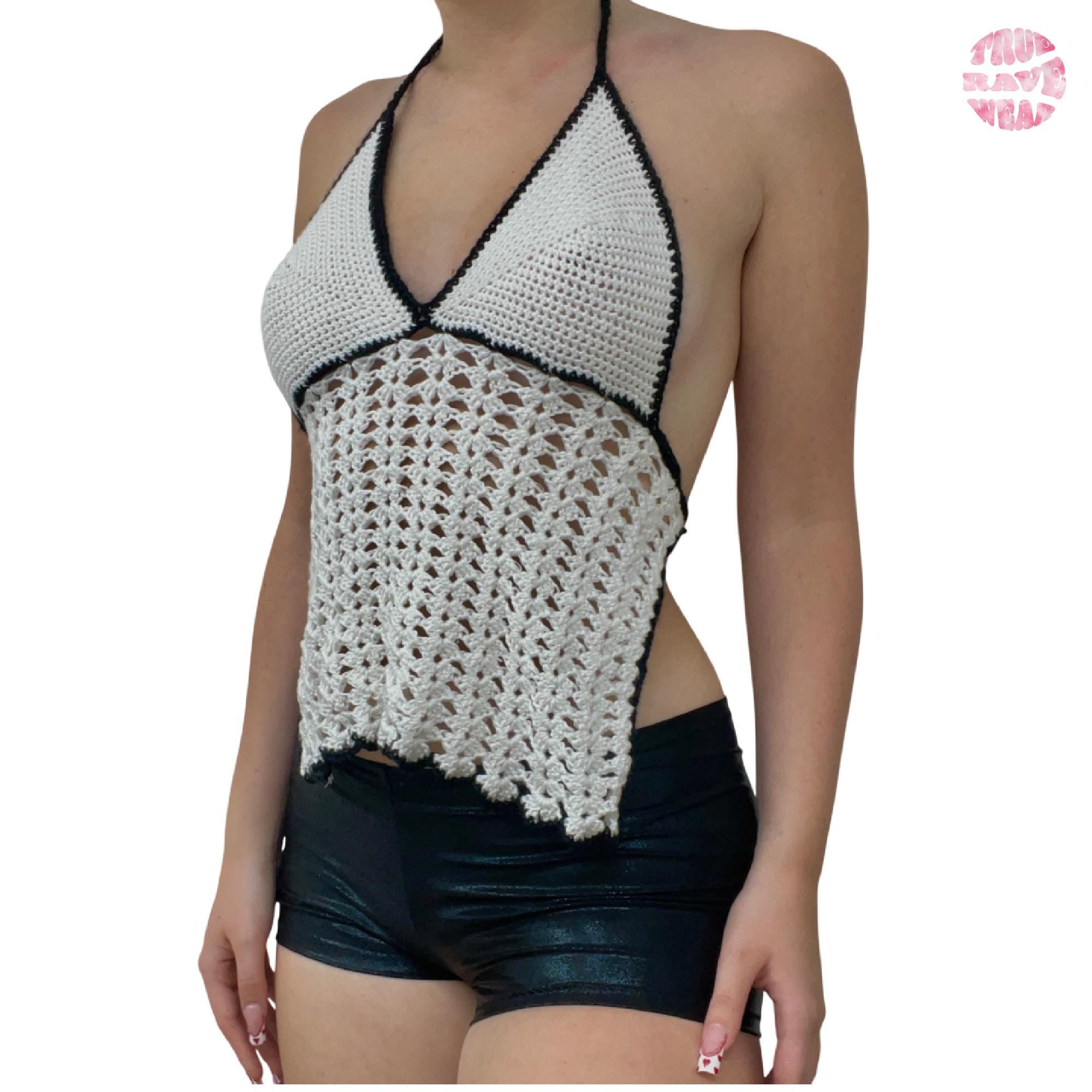 Crochet Halter Top: Black & White Lacy Scallop Trim