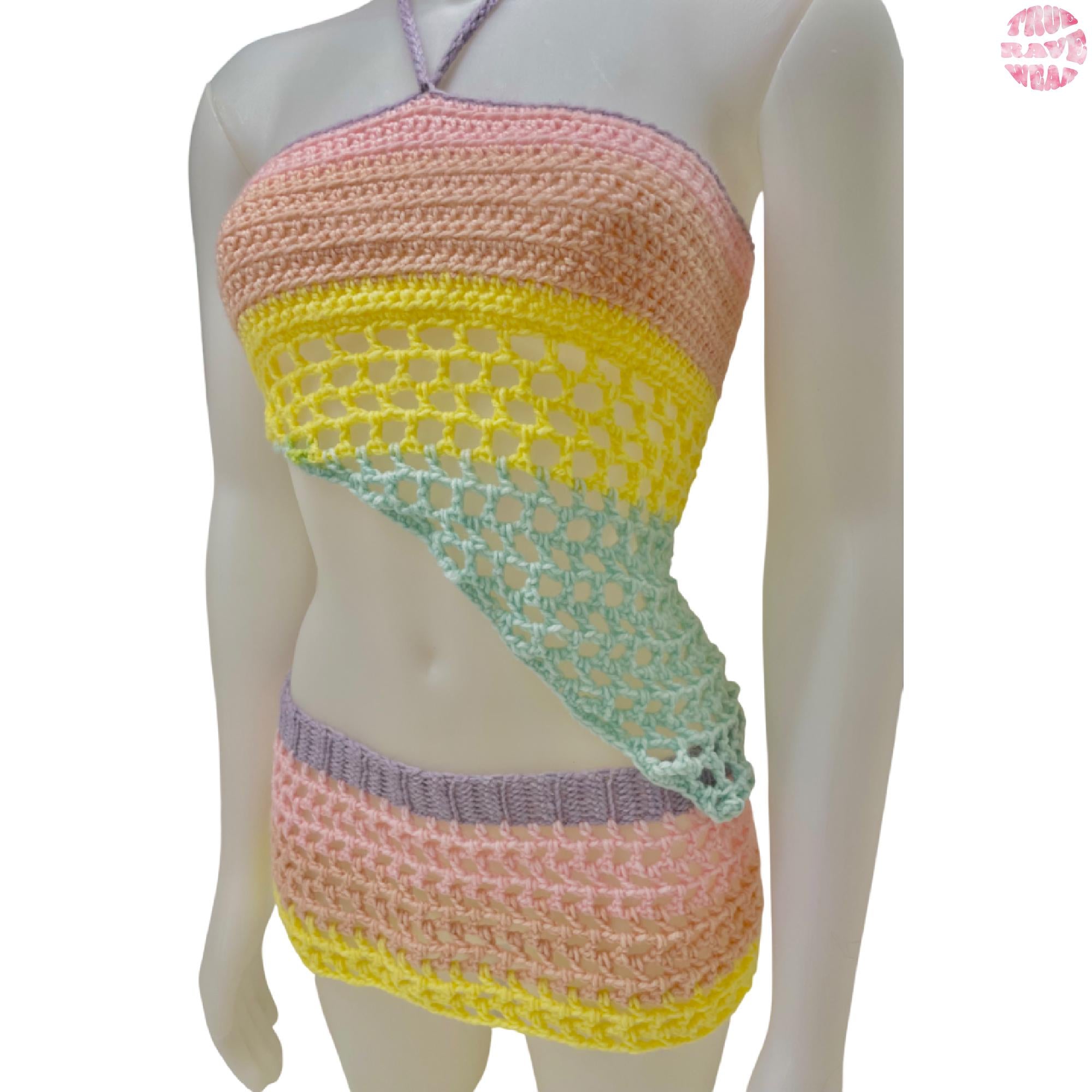 Crochet Pastel Ombre Mesh Rave Set - S/M