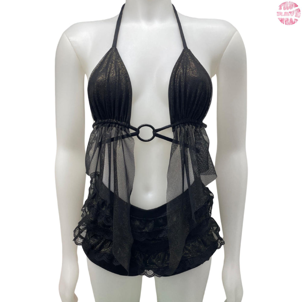 Shimmery Gold Rave Set - Ruffle Micro Shorts & Black Mesh Flowy Top