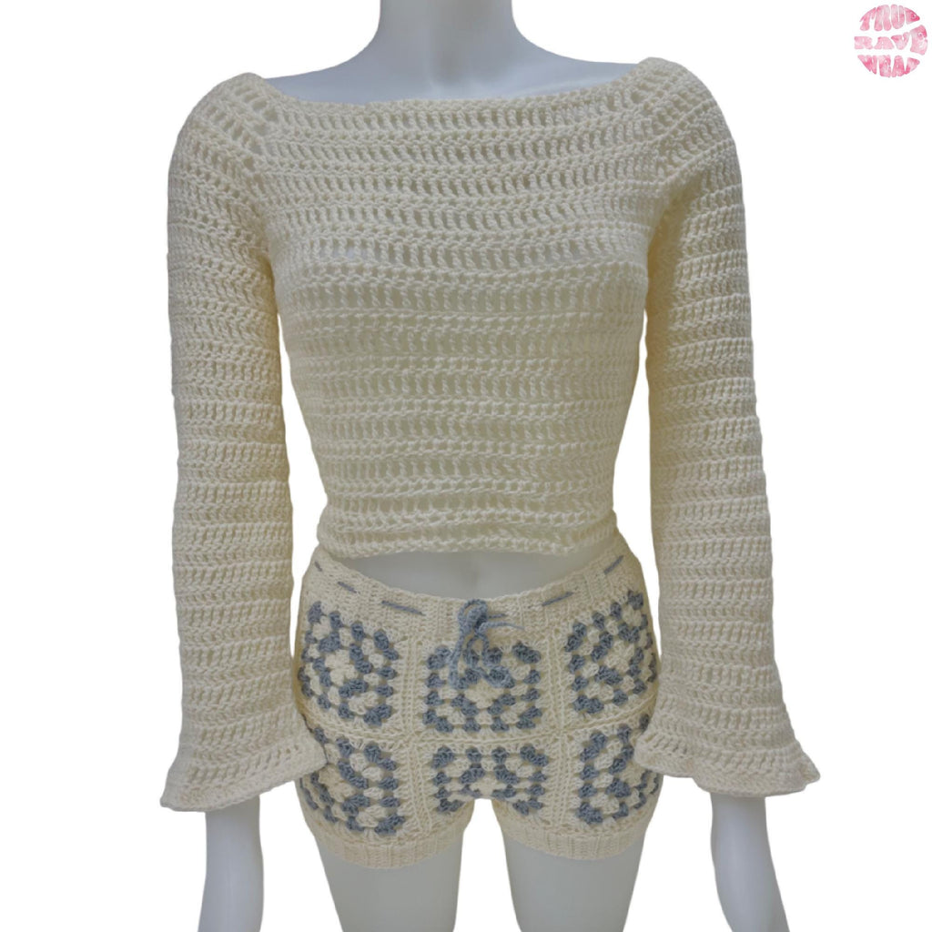 Crochet Long Sleeve Off The Shoulder Top - S/M