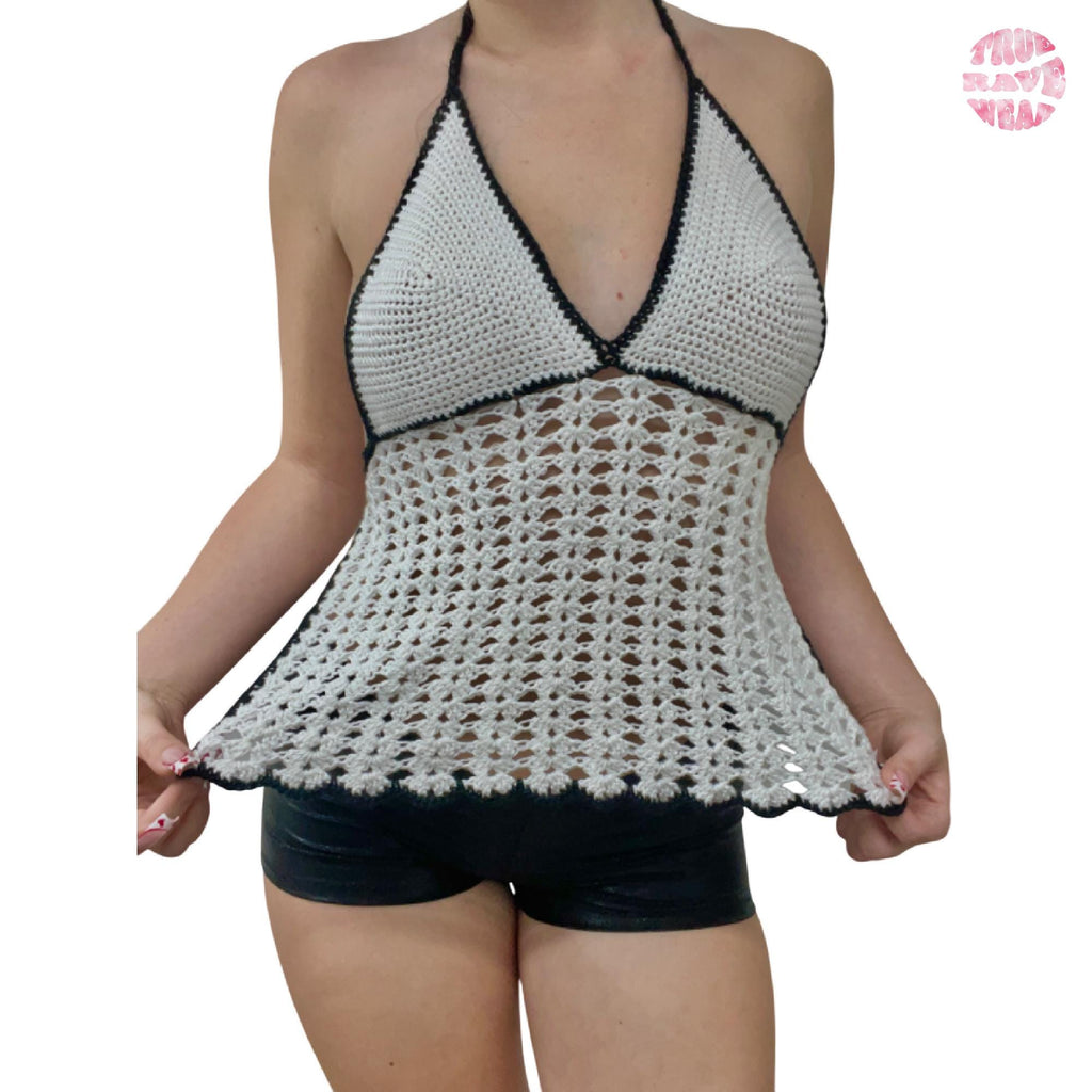 Crochet Halter Top: Black & White Lacy Scallop Trim