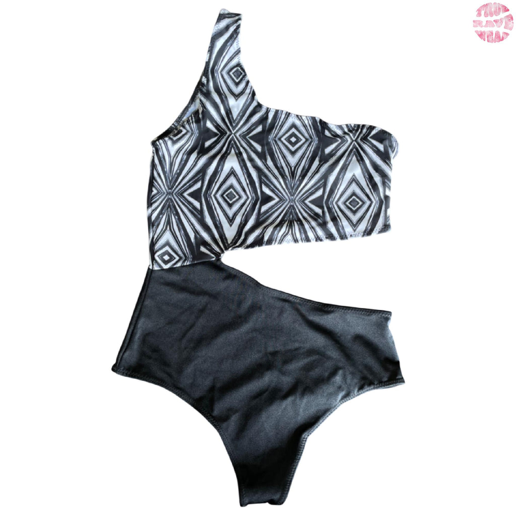 Asymmetrical Black & White Rave Bodysuit - Size Medium